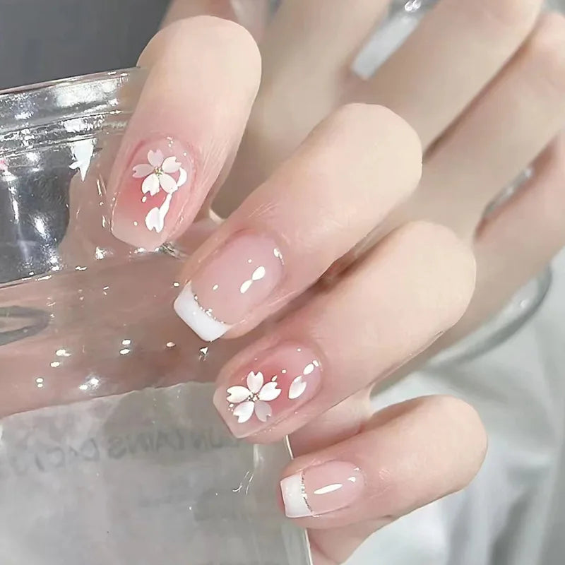 24Pcs Short Almond Press-On Nails Pink Floral French Tip Glossy&Elegant Full Cover Fake Nails for Women&Girls Spring,Daily Wear