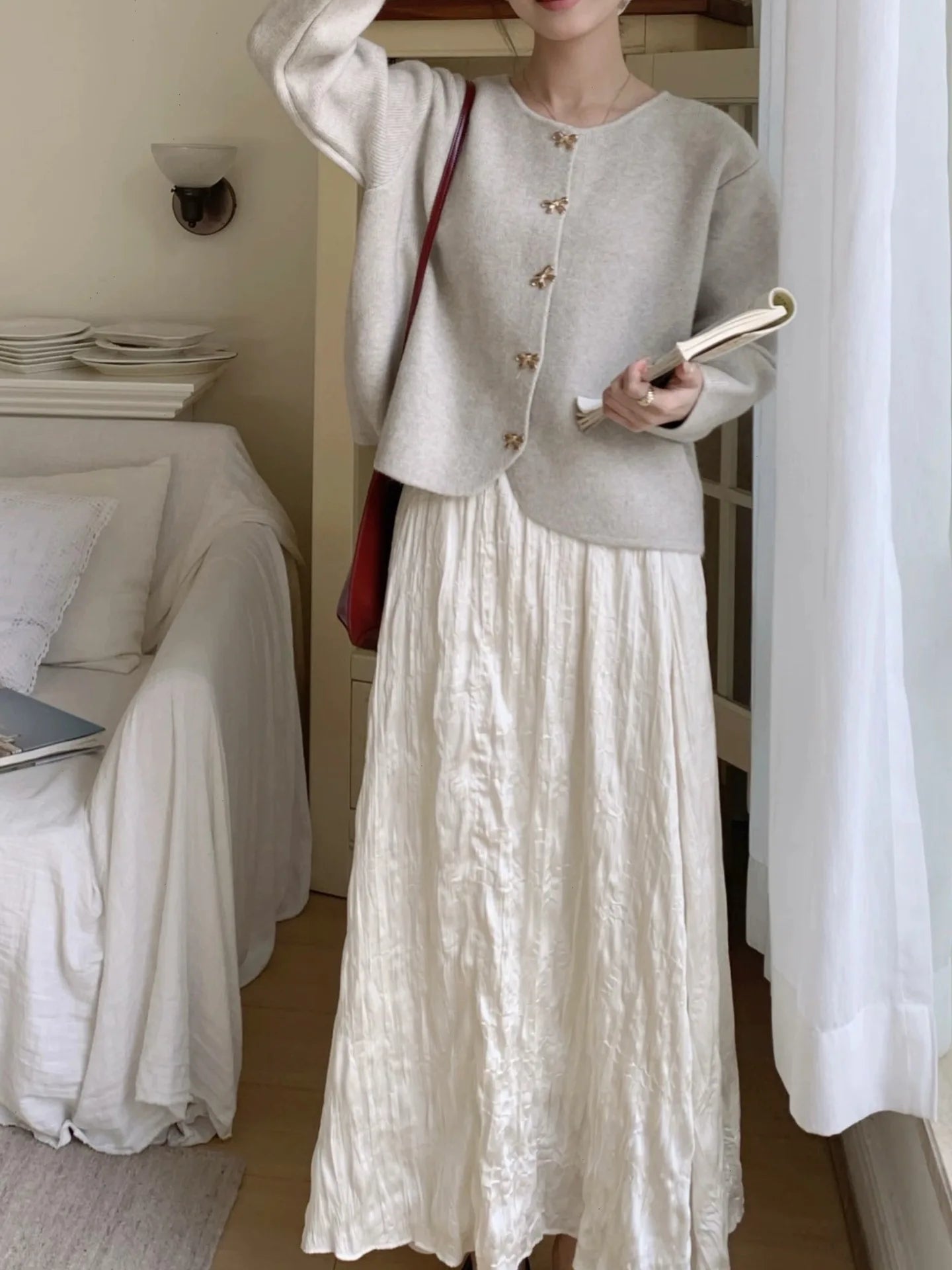 Women Korean Style Sheep Cashmere Elegant Sweater Cardigan Autumn Winter New Style Gentle Style Slimming Knitted Coat