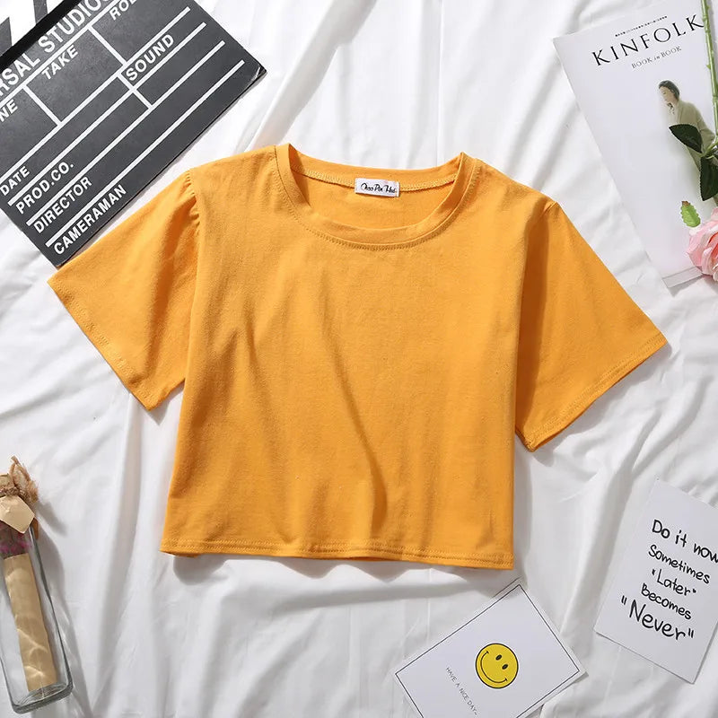 2023 Summer Short Sleeve T Shirts Women Cotton Solid T-shirt O Neck High Waist Crop Top Tee Female Casual Loose T Shirt