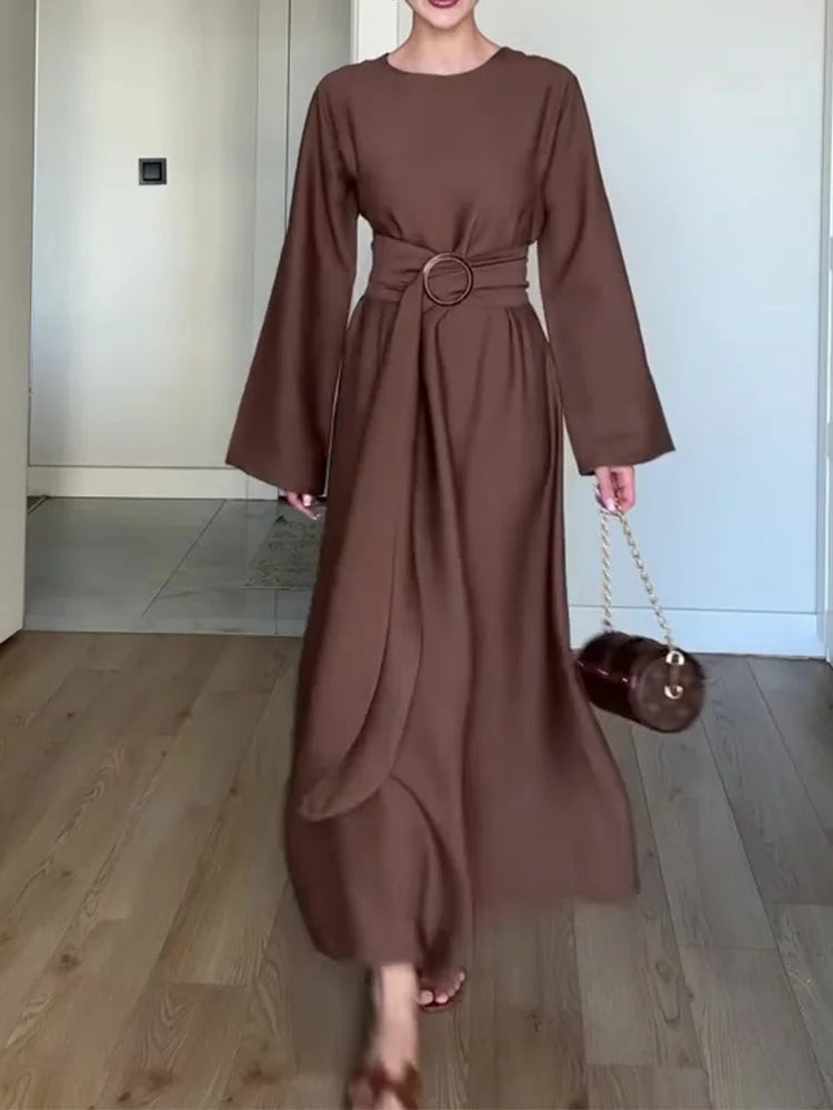 Yitimuceng Elegant Dress for Women Fashion Vintage Long Sleeve Dresses Solid Silm Belt O Neck Midi 2025 New Autumn Winter Dress