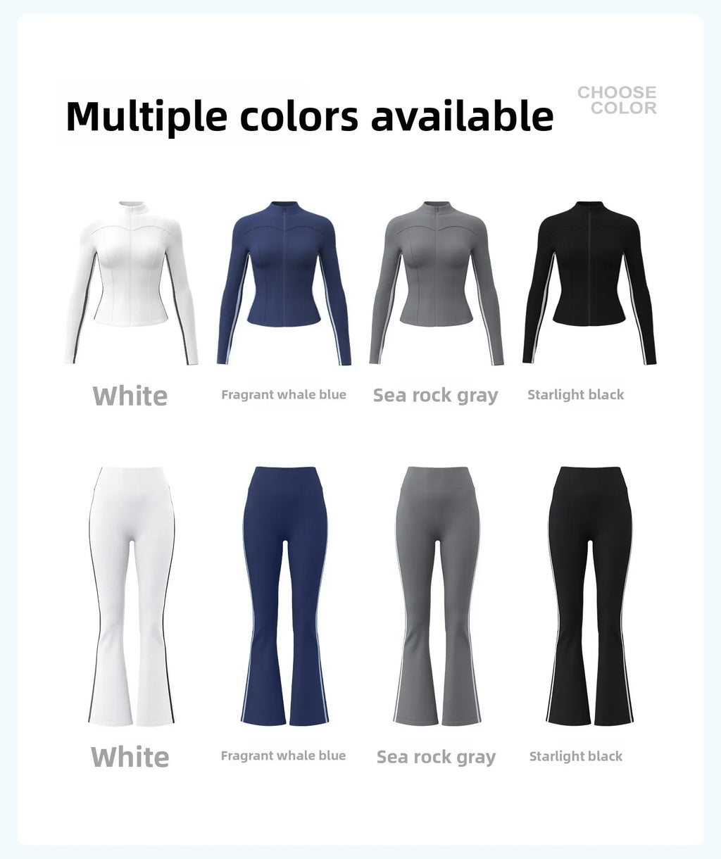 Striped 2pcs Yoga Gym Set Women Long Sleeve Zipper Sport Jacket Hip Lifting Leggings Fitness Running Tops Flare Pants Tracksuit