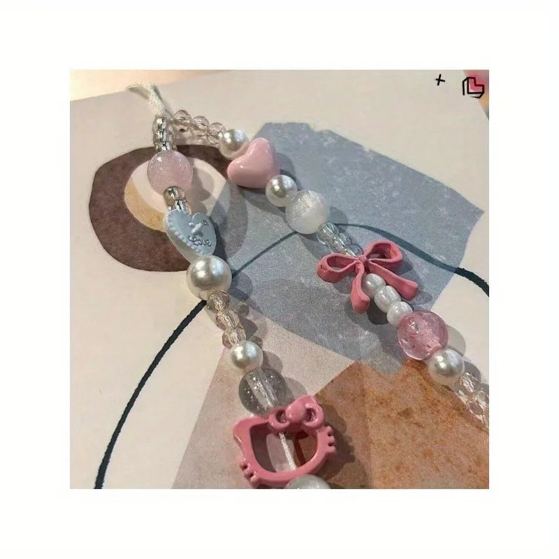 Cute Sanrio Hello Kitty Cat Pink Phone Chain Beaded Chain Keychain Jewelry Camera Hanging Rope Cartoon Kitty Phone Strap Gift
