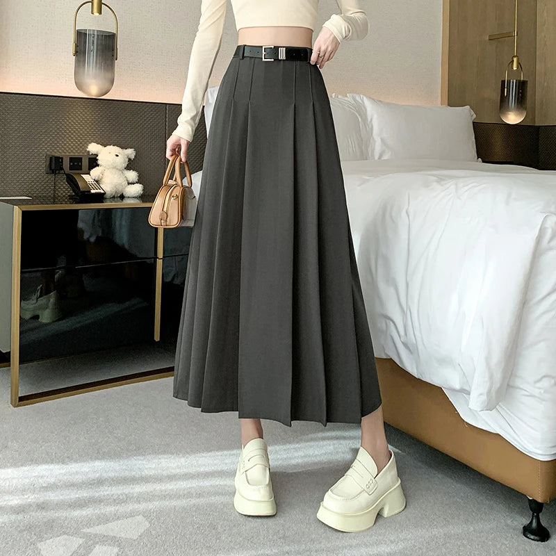 [EWQ] Elegant Solid Color Mid-Length All Match Skirt For Women 2026 Spring Summer Loose High Waist A-Line Pleated Skirts 16O9169
