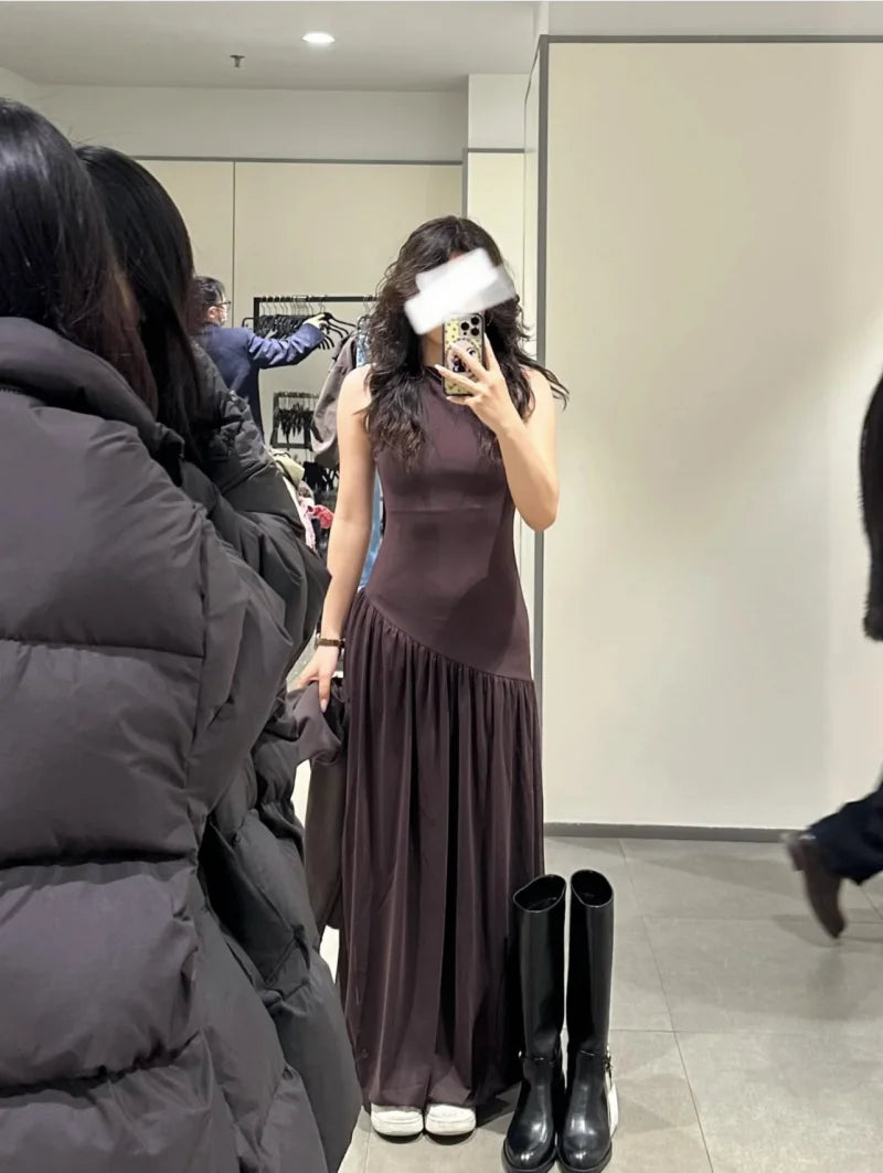ETJ Women Brown Sleeveless High Neck Midi Dress Pleated Skirt Flowy Wrap Dress Minimalist Elegant Office Party Wear 2026