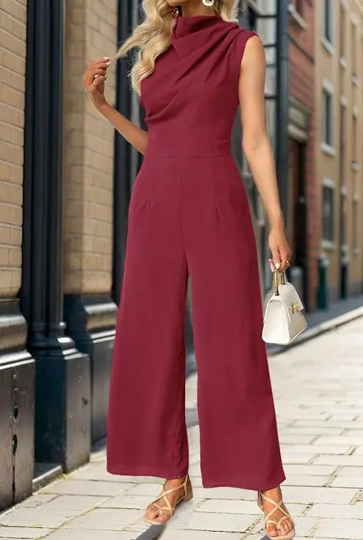 Jumpsuit Women 2026 Spring Summer New Solid Color High Collar Sleeveless Ruched Casual High Waist Wide Leg Jumpsuit