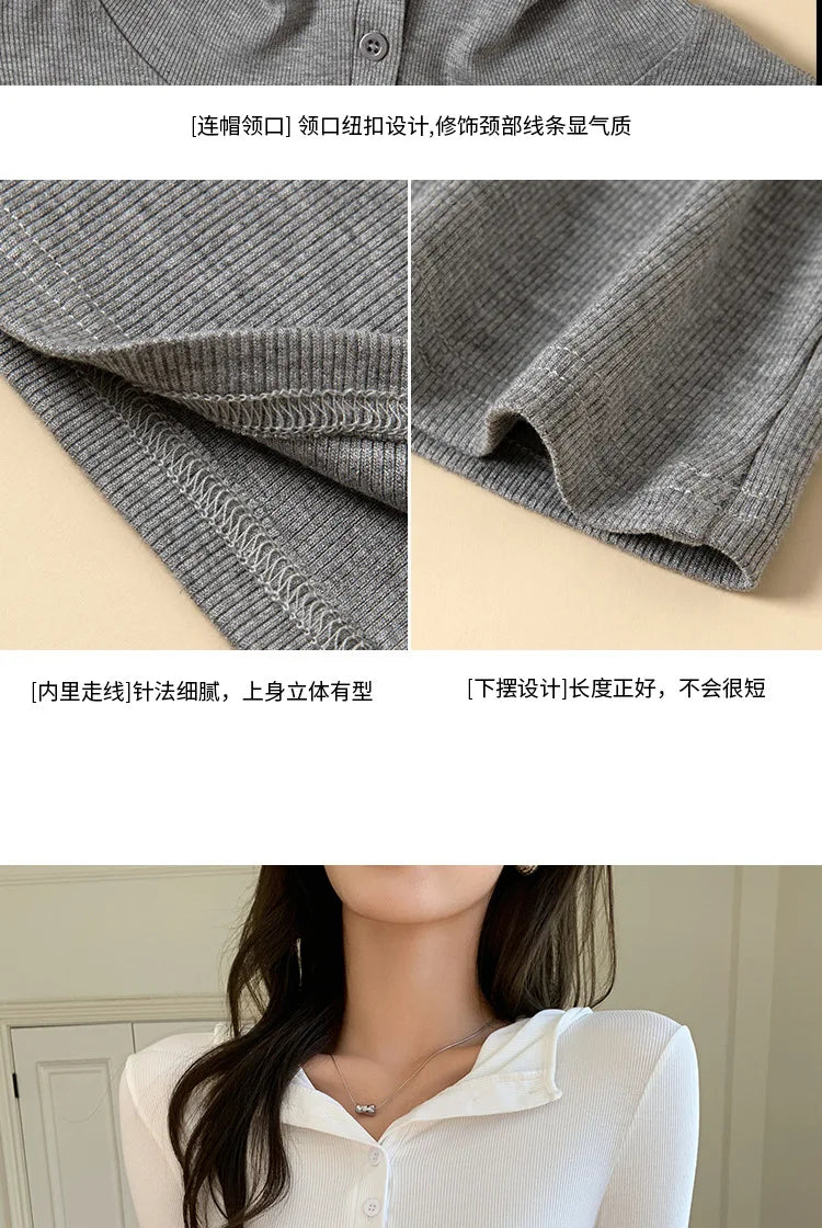 Half-buttoned Hooded Sweatshirt for Women Autumn Winter Striped Inner Layering Shirt Slim Long-sleeved Top T-shirt