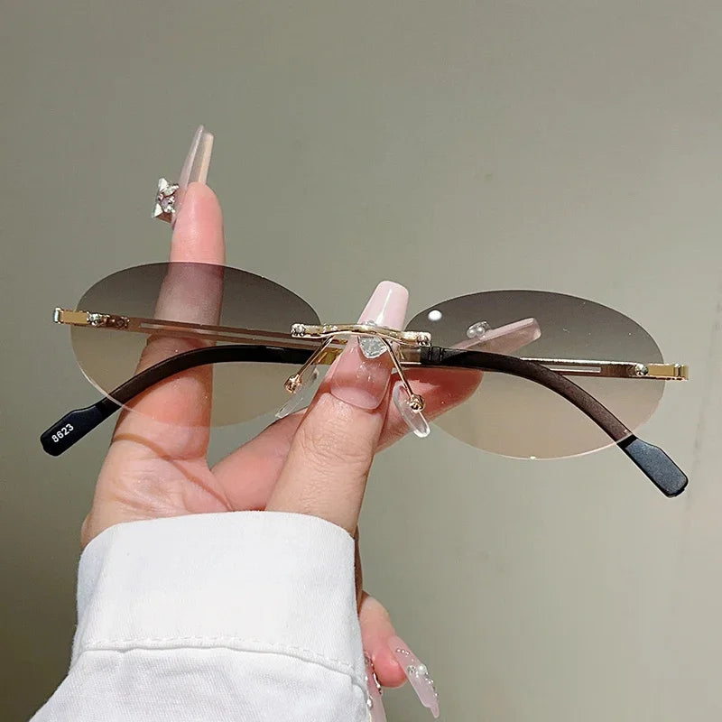 Rimless Oval Sunglasses Women Fashion Gradient Decor Shades Eyewear New Trendy Vintage Brand Design Casual Eyeglasses