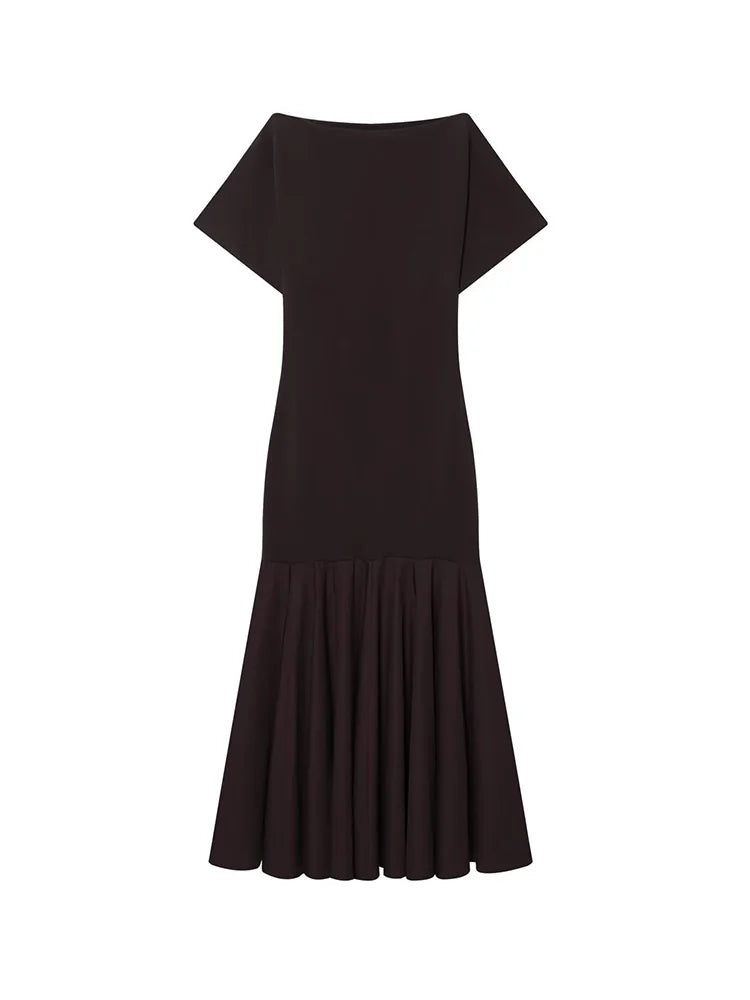 HH 2026 Women Summer Fashion Solid Midi Dress Side Zipper Pleated Woman Ship-type Short Sleeved Stitching Holiday Party Dress