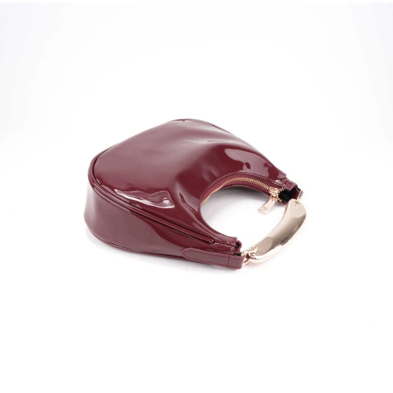 Trendy Burgundy Leather Shoulder Bag Stylish Gold Chain Hobo Bag With Metal Handle Minimalist Half-moon Crossbodybag Evening Bag
