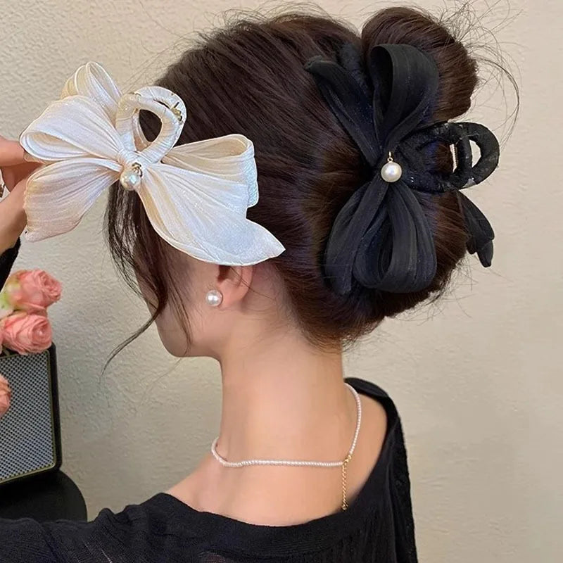 Mesh Bow Hair Clip for Woman Elegant Temperament Large Shark Clip Fashion Girl Ponytail Hair Clamp