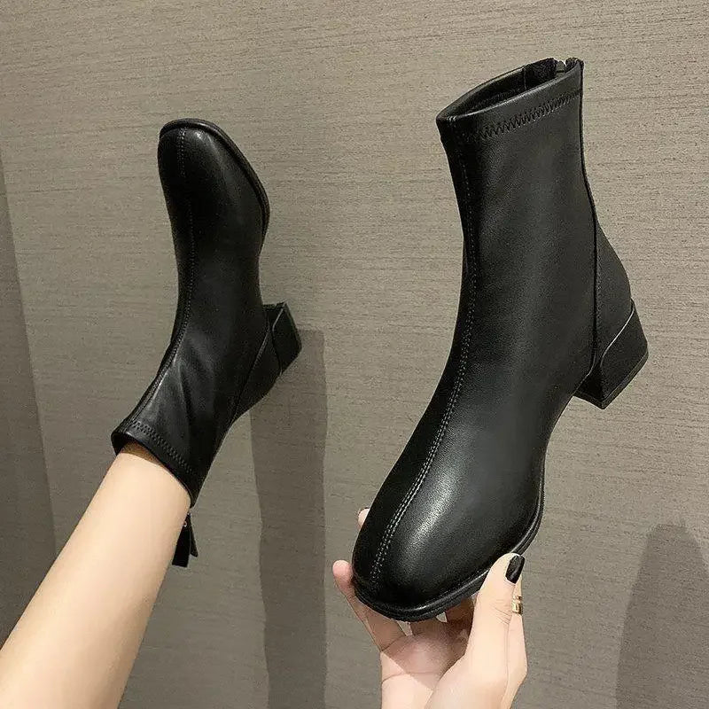 Women's Winter Short Boots White Fleece Lined Square Toe Booties Spring Autumn Seasonal Fashionable Thick Heel Ankle Boots