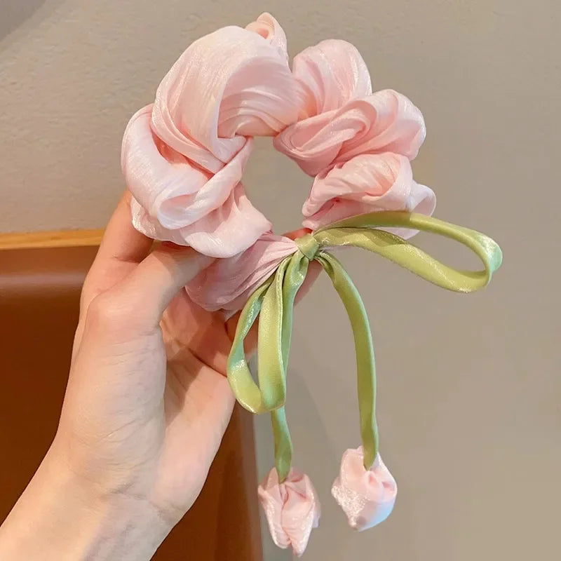 Sweet Girl Wind Mesh Strap Tulip Large Intestine Hair Hoop Handmade Butterfly Knot Rope Tie Ponytail Knot Hair Accessories