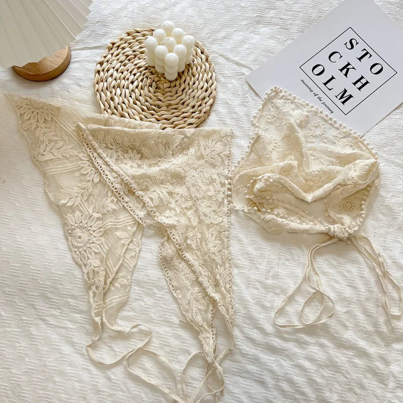 2025 New Style Lace Triangular Binder Headscarf Beige French Farm Style Girl Korean Style Ins Style Lace-up Hair Band Toe Cap