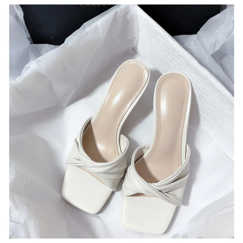 Fashion Summer Women Shoes New Handmade Square Open Toe High Heels Outdoor fashion Slippers Apricot Off white size 35-40
