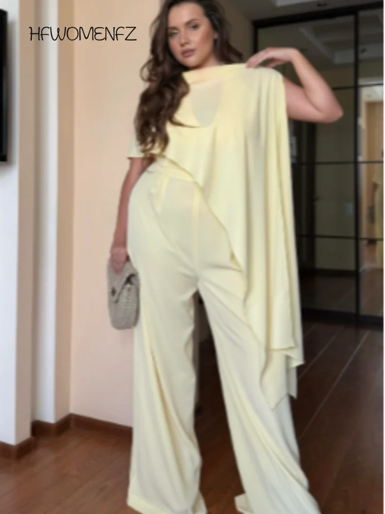 Elegant Solid Jumpsuit Scarf Set Women Street Sleeveless V-neck Jumpsuits Long Pants Female 2025 Fashion Summer Fall Lady Suits