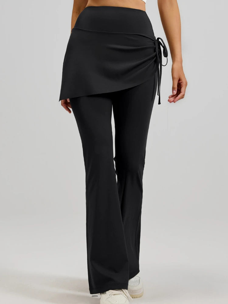 Women's Flared Yoga Pants High Waist Fake Two Piece Drawstring Pleated Wrap Skirt Trouser Tummy Control Running Workout Pants