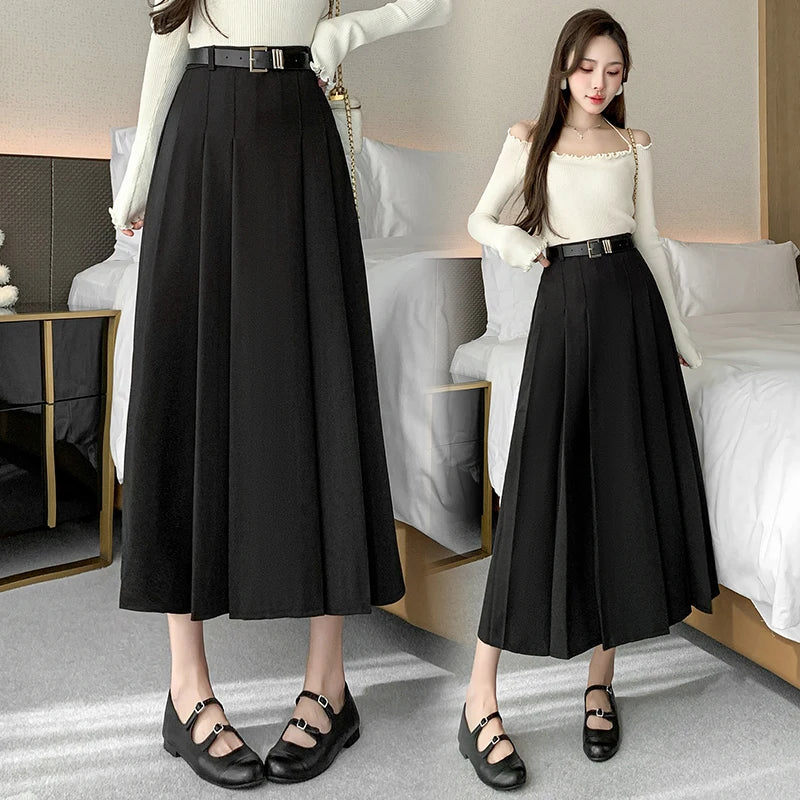 [EWQ] Elegant Solid Color Mid-Length All Match Skirt For Women 2026 Spring Summer Loose High Waist A-Line Pleated Skirts 16O9169
