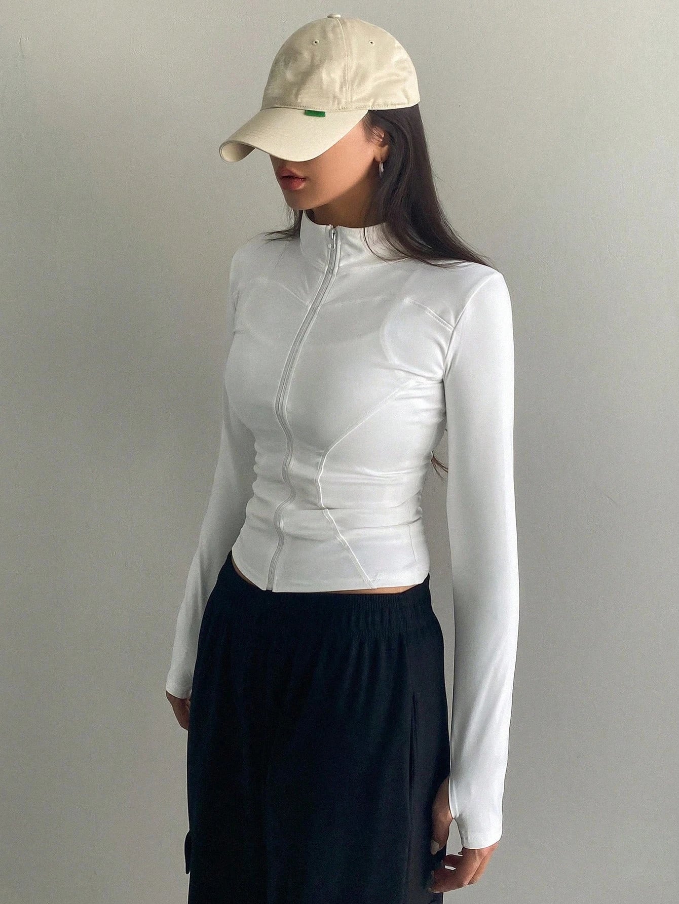 Women's Sport Zipper Closure Slim Fit Crop Jacket Solid Color Stand-up Collar Long Sleeve Yoga Clothes Spring/Autumn Streetwear