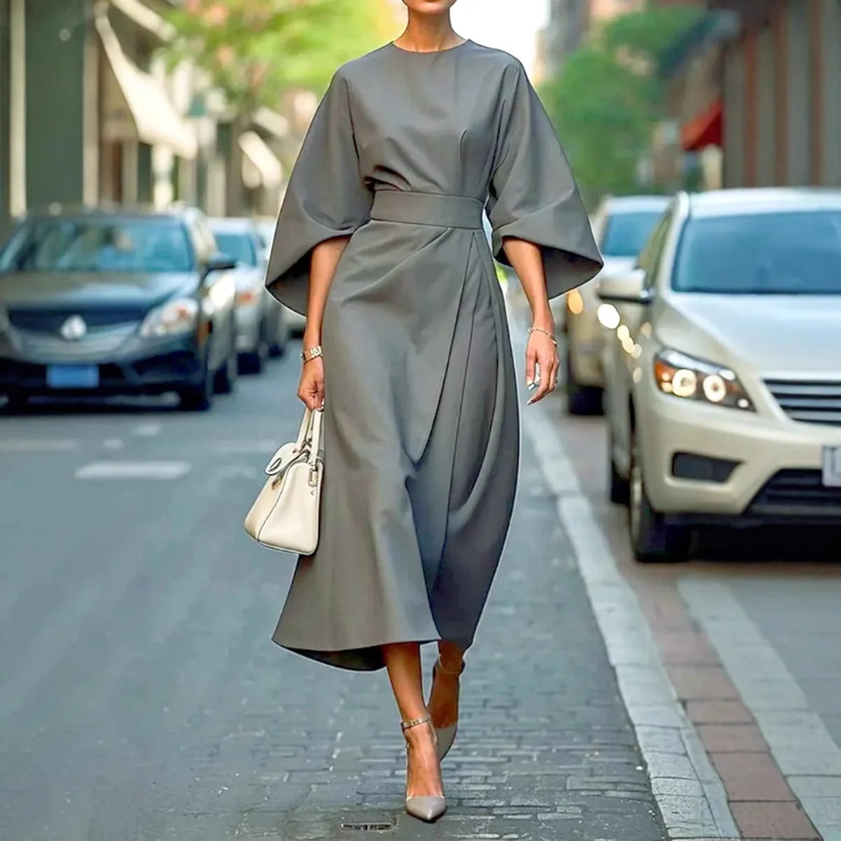 Women Dresses 2026 fashion elegant round o neck solid color waist-cinching casual batsleeve long dress clothing vestidoes