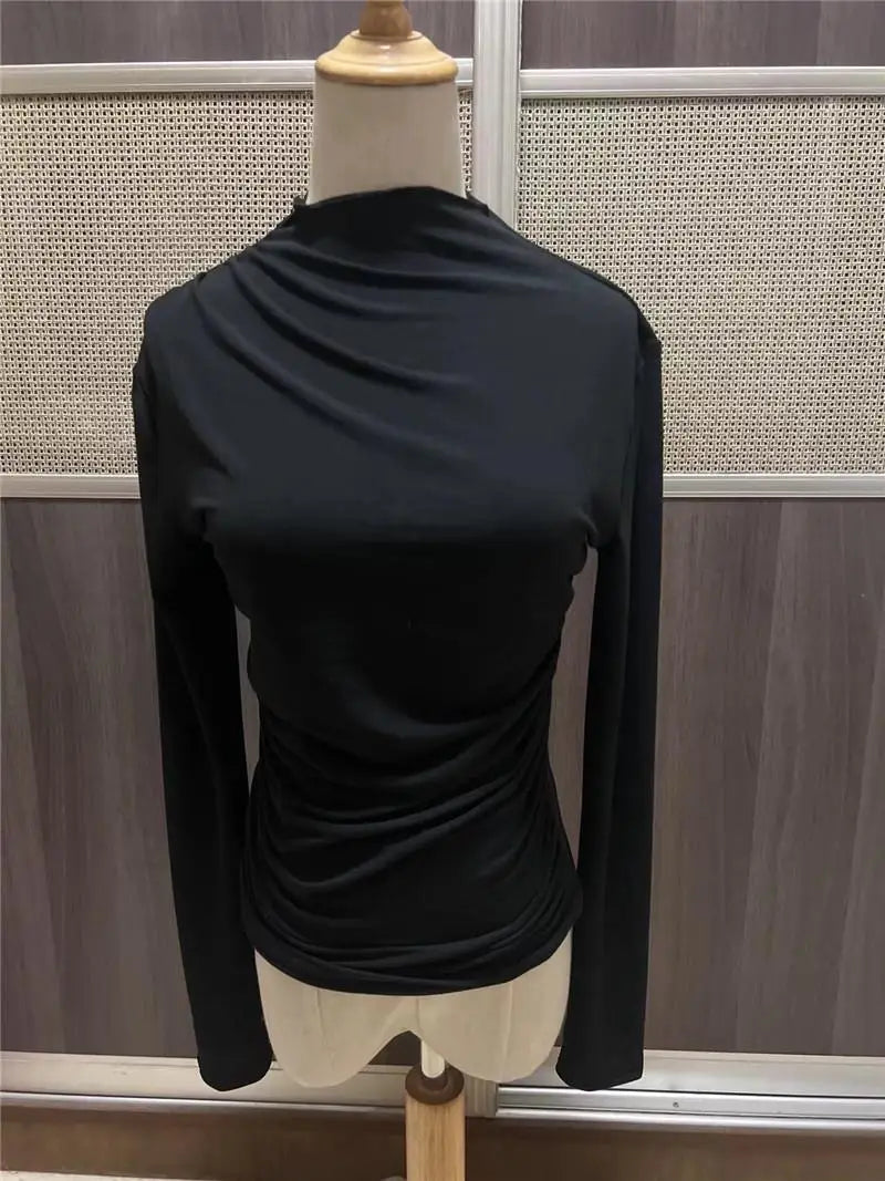 Women's Pleated Long Sleeve T-Shirt Bodycon Fit Polyester Spandex Blend Drawstring Closure  Color European Style Top