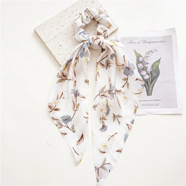 New Fashion Satin Flower Elastic Long Ribbon Hair Bands Ponytail Scarf Hair Tie Women Scrunchies Hair Accessories Headwear
