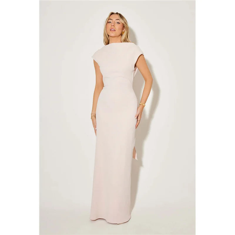 Elegant Long Dress Pure Color Asymmetrical Collar Shoulder Insert Sleeve Cross-Border Summer New Women's Fashion Dress