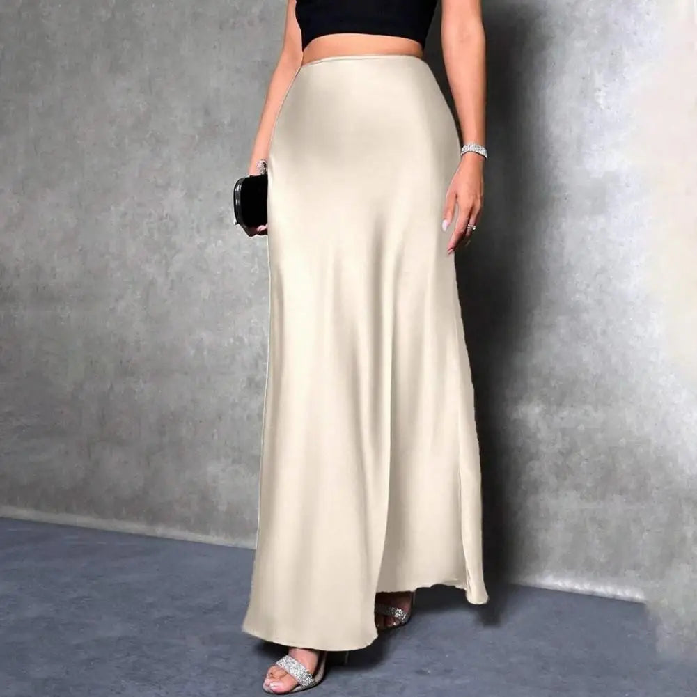 Women Fishtail Skirt Elegant High Waist Flattering Silhouette Satin Skirt Solid Color Smooth Surface A-Line Maxi Skirt
