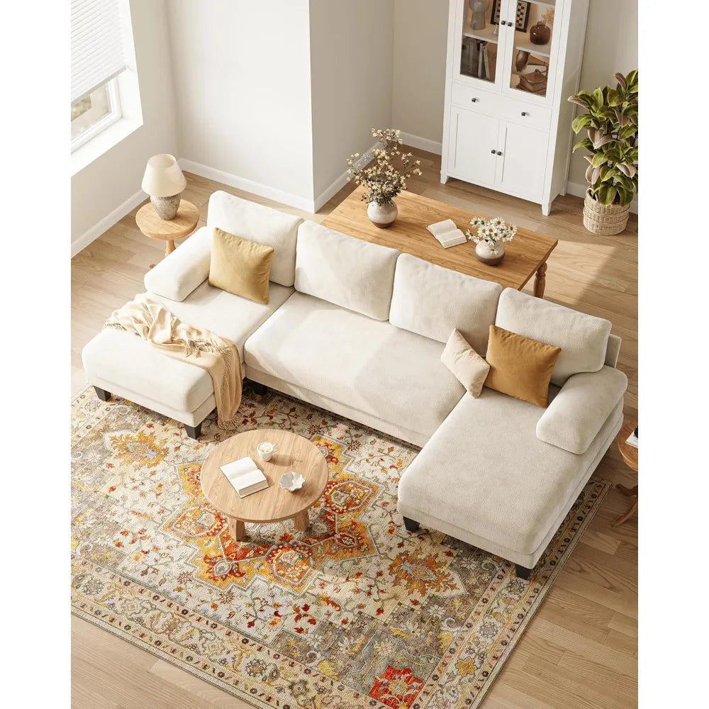 Beige 112-Inch U-Shaped Sectional Sofa with Double Chaise for Apartments