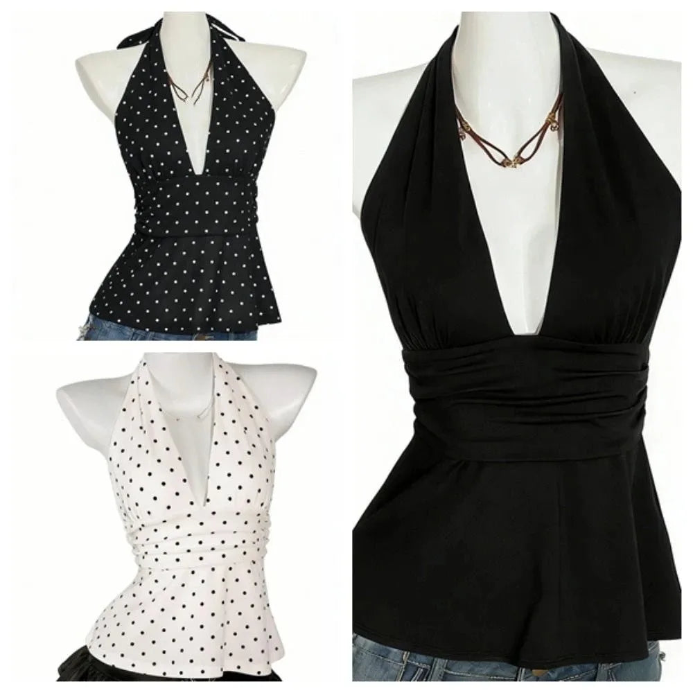 Fashion Sleeveless Women Crop Top Pleated Deep V Neck Halter Ruffle Vest Y2k Beach Wear Lace-up Dots Camisole Beach