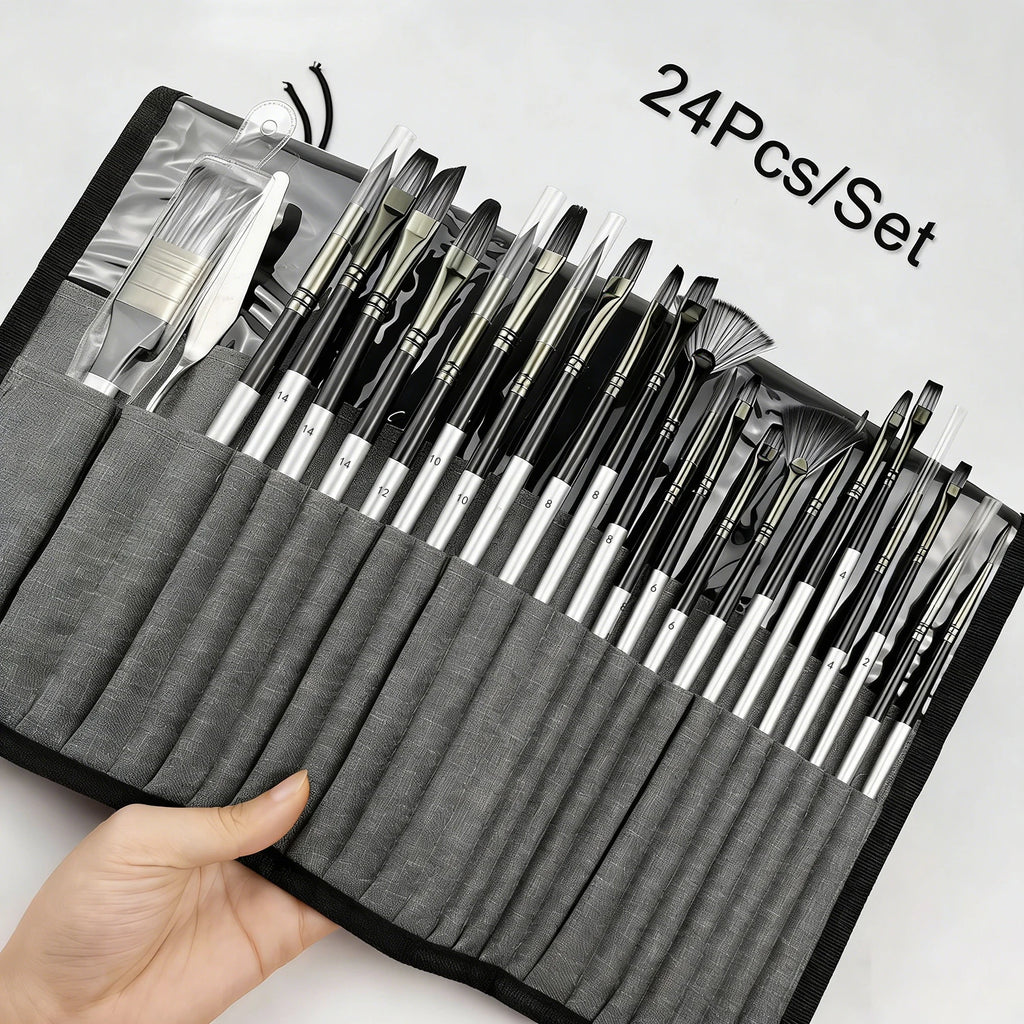 24pcs Mixed Art Brush Set – With Palette Knife & Bag
