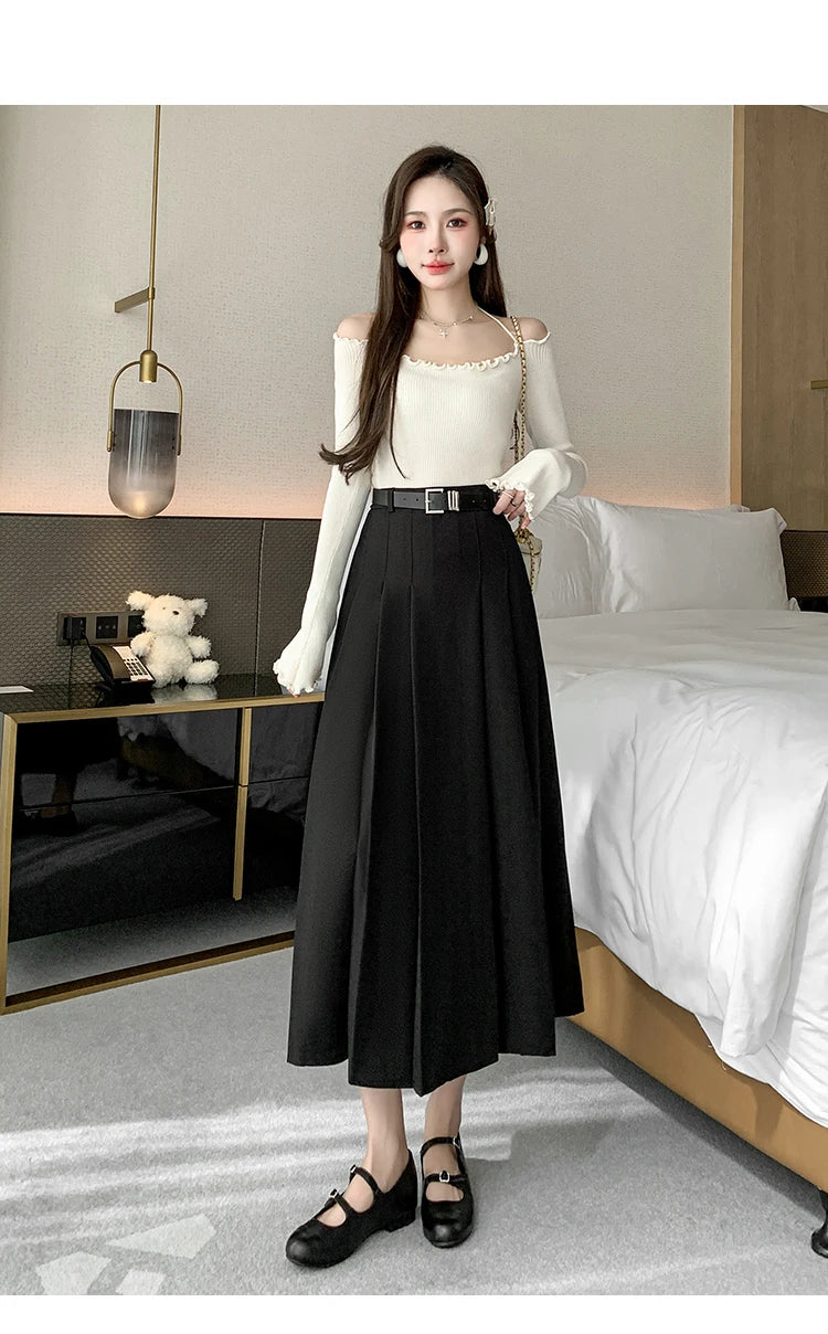 [EWQ] Elegant Solid Color Mid-Length All Match Skirt For Women 2026 Spring Summer Loose High Waist A-Line Pleated Skirts 16O9169