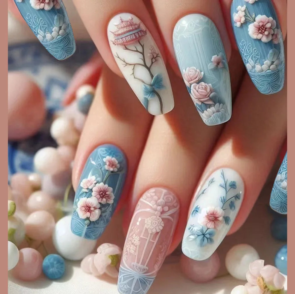 24Pcs Short Almond Press-On Nails Pink Floral French Tip Glossy&Elegant Full Cover Fake Nails for Women&Girls Spring,Daily Wear