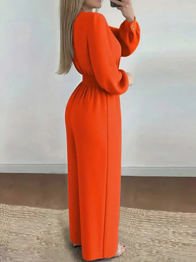 V Neck Solid Long Jumpsuits Fashion Commuting Belt Lace-Up Puff Sleeves Wide Legger Romper Casual Long Sleeve Women's Playsuit