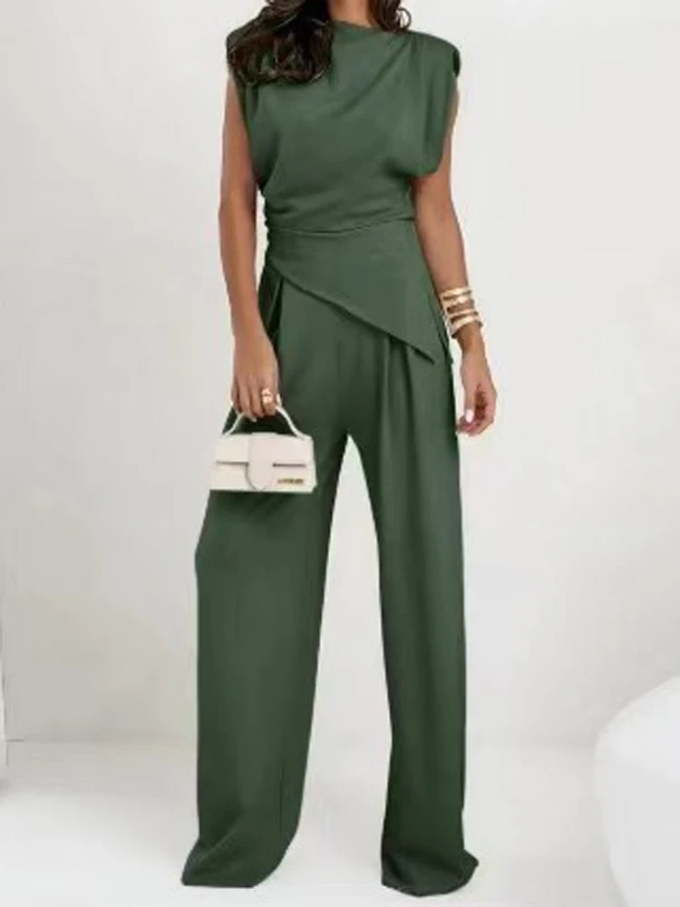 Women's OL Sets Two 2 Pcs Sale Casual O-Neck Sleeveless Irregular Shirt Tops& Pocket Wide Leg Loose Pant Suits OUCFS-W3038