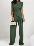 Women's OL Sets Two 2 Pcs Sale Casual O-Neck Sleeveless Irregular Shirt Tops& Pocket Wide Leg Loose Pant Suits OUCFS-W3038