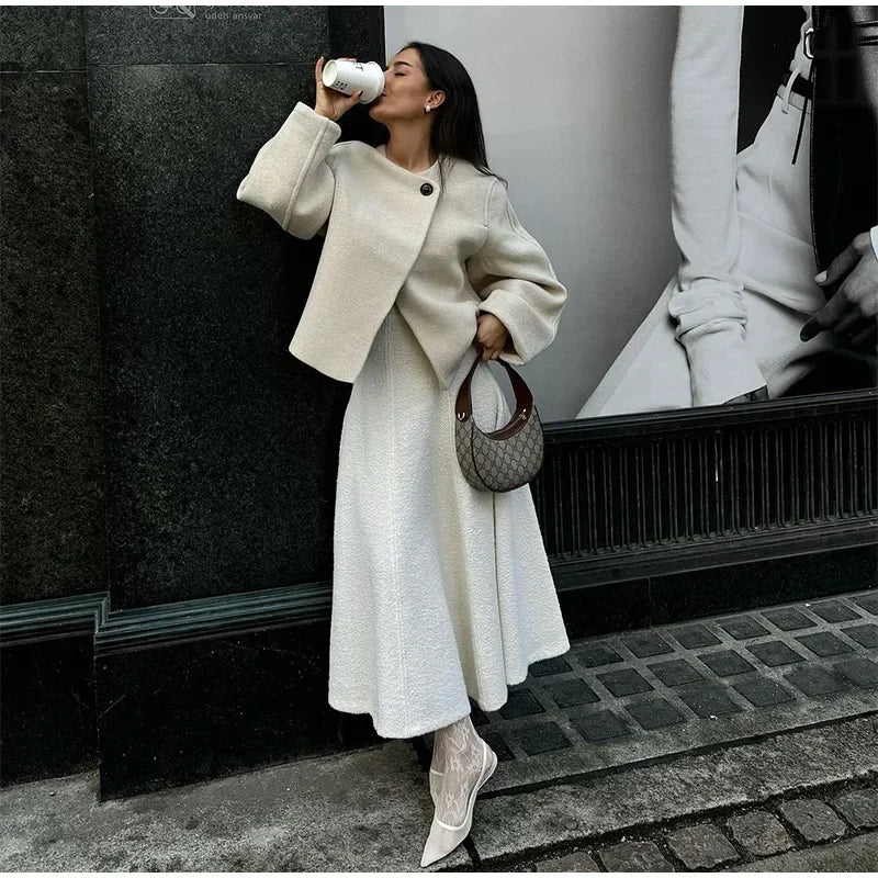 Fashion Women Solid Round Neck Woolen Short Coat Elegant Full Sleeve One Button Loose Women's Jacket 2024 Fall Winter Daily Wear