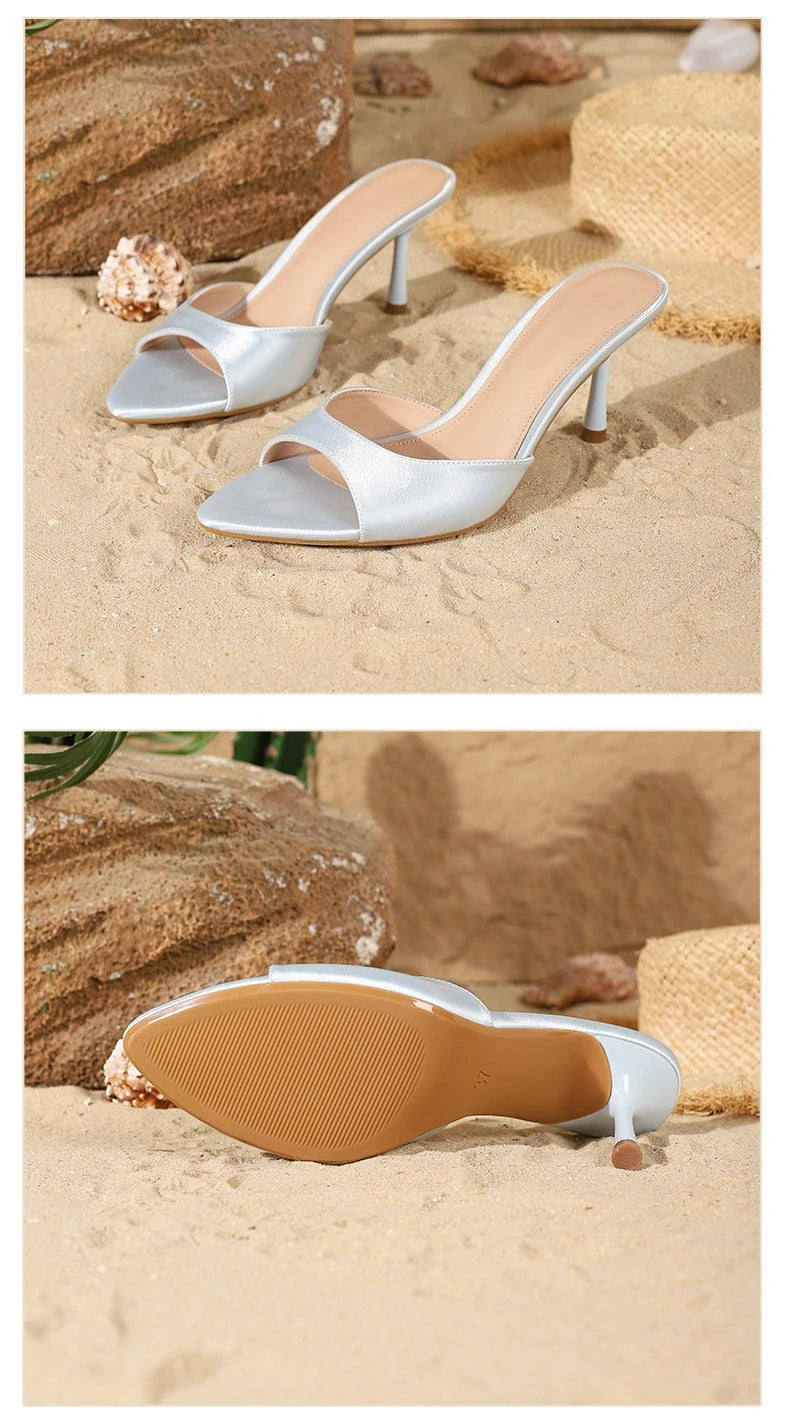 2026 New Arrival Women's Satin Mule Shoes High Heel Stiletto Slip On Sandals Fashion Elegant Party Wedding Shoes Champagne Beige