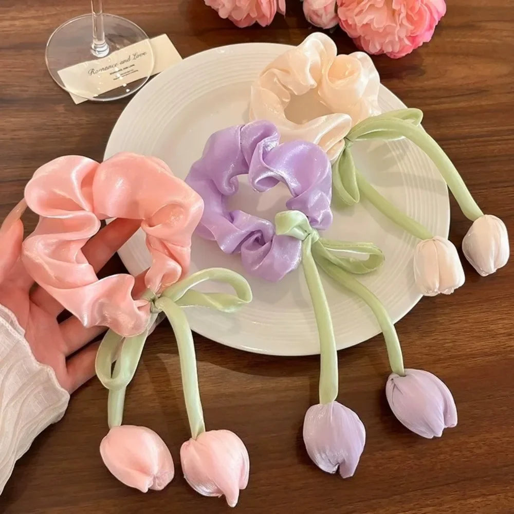 3Pcs Cute Tulip Flower Large Intestine Scrunchie for Women Sweet Headband Hair Band Hair Tie Fashion Girl Hair Accessories