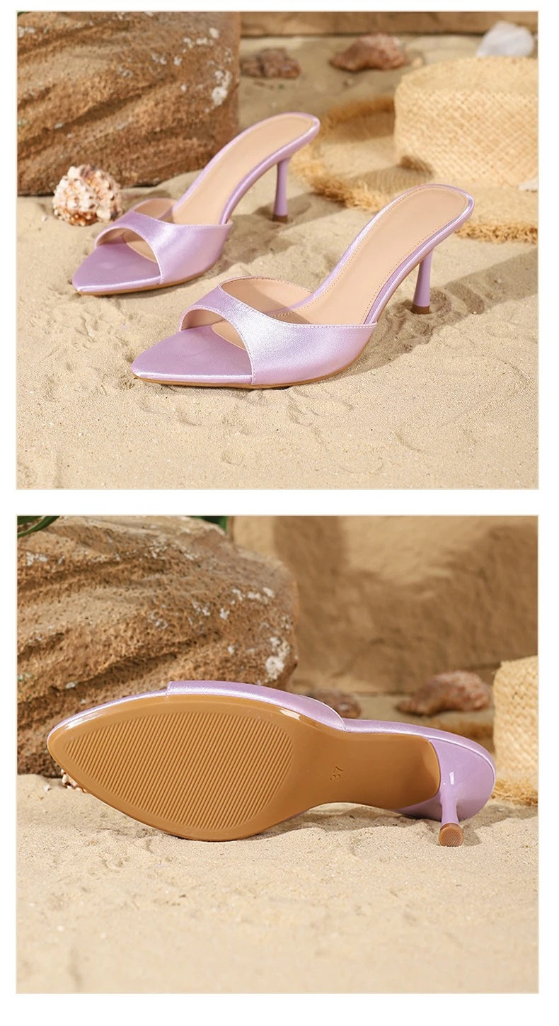 2026 New Arrival Women's Satin Mule Shoes High Heel Stiletto Slip On Sandals Fashion Elegant Party Wedding Shoes Champagne Beige