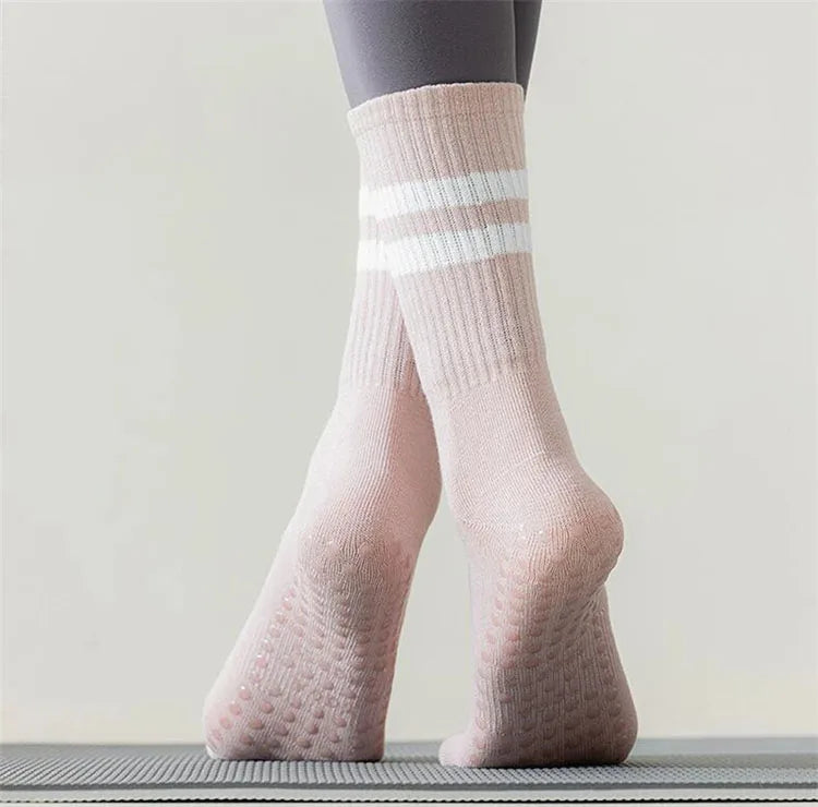 4 Pairs of Mid Tube Double Bar Striped Yoga Socks Anti Slip Dance Sports Breathable Socks Fitness Pilates Cotton Socks