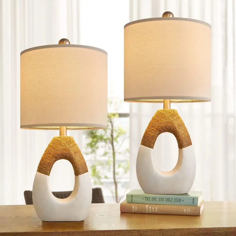 Small Boho Table Lamps for Bedroom Set of 2, Arm House Rattan Bedroom Lamps for Living Room Rustic Home Decor, Nightstand Bedsid
