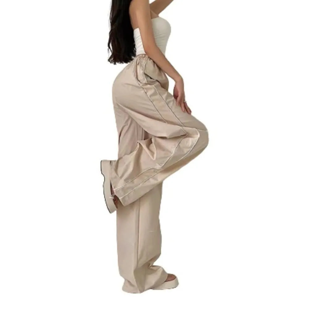 Women's Fashion Drawstring Both Sides Casual Elastic Waist Sports Pants High waist Loose Wide Leg Pants Trousers