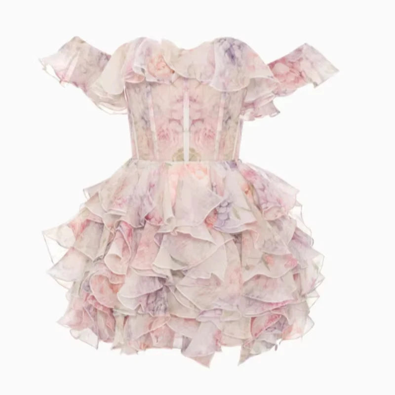 2025 Chiffon Floral Print Layered Women Mini Dresses Sweet Boat Neck Ruffles Flounce Retract Waist Robe Lady Beach Party Vestido