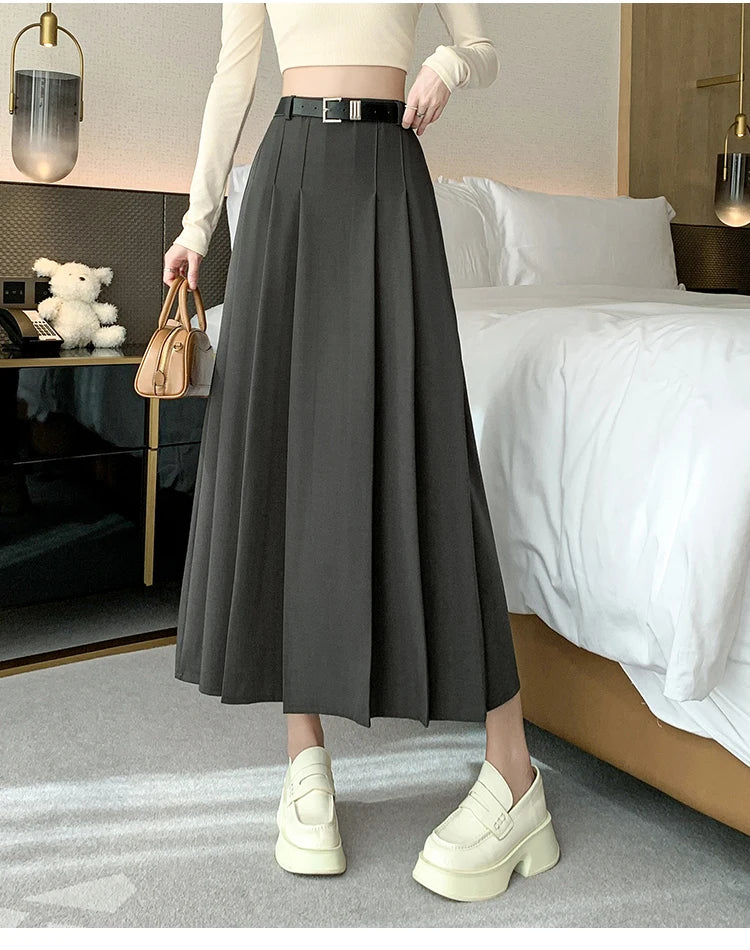 [EWQ] Elegant Solid Color Mid-Length All Match Skirt For Women 2026 Spring Summer Loose High Waist A-Line Pleated Skirts 16O9169