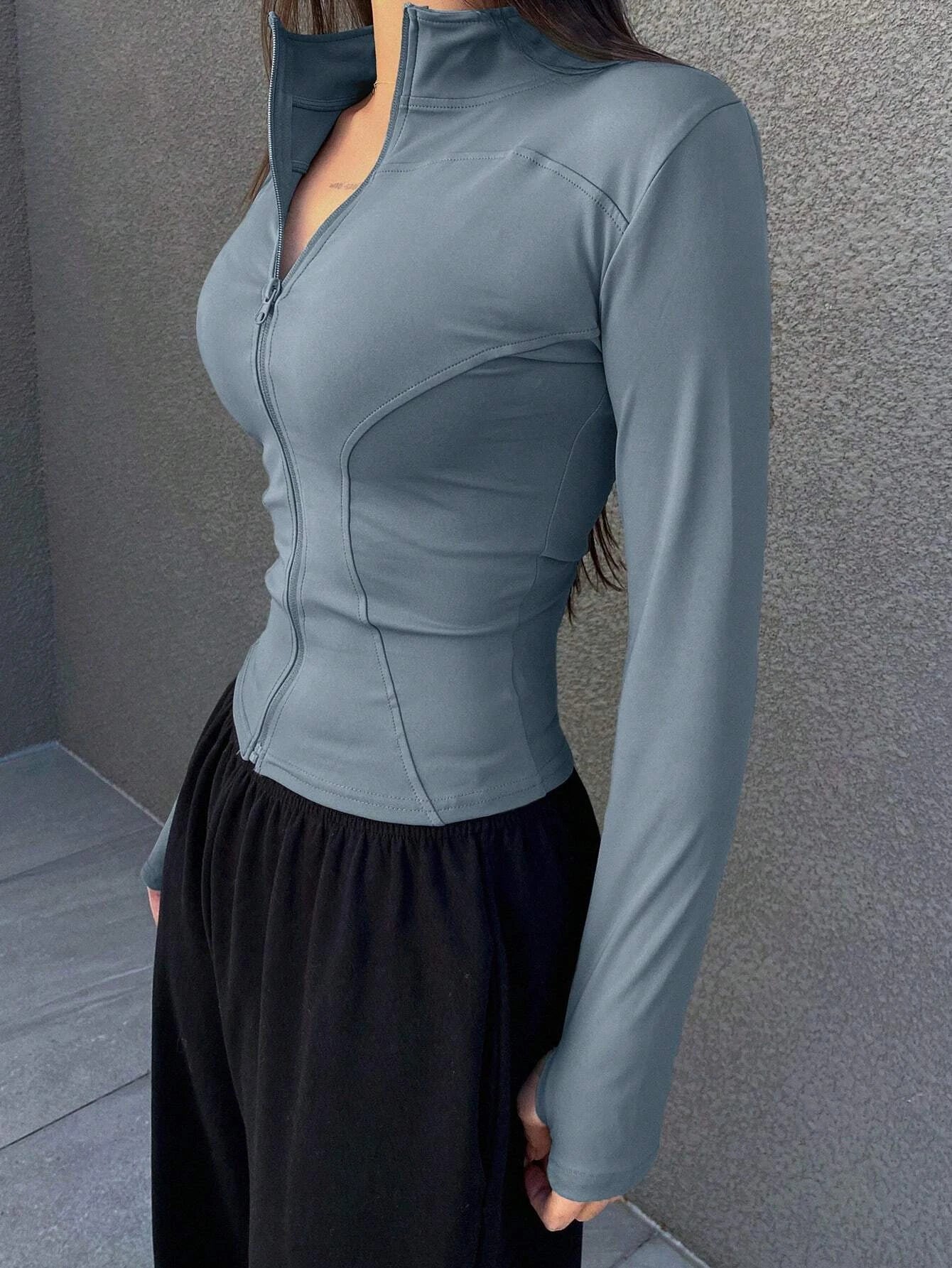 Women's Sport Zipper Closure Slim Fit Crop Jacket Solid Color Stand-up Collar Long Sleeve Yoga Clothes Spring/Autumn Streetwear