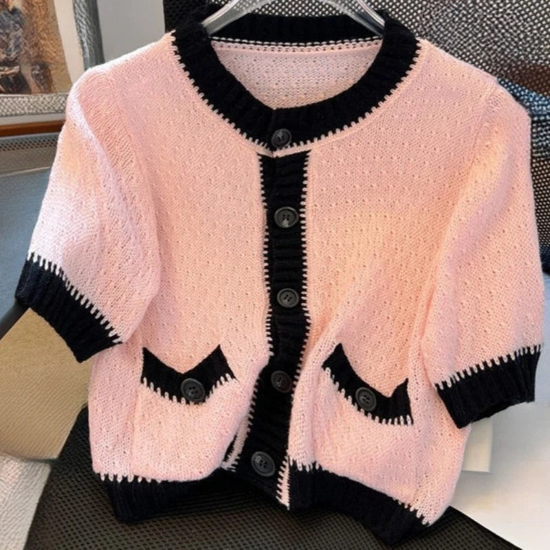 Small Fragrance Thin Cardigan Short Sleeve Single Breasted Pockets Contrast Color Sweaters 2025 Summer Knit Tops Women Clothing