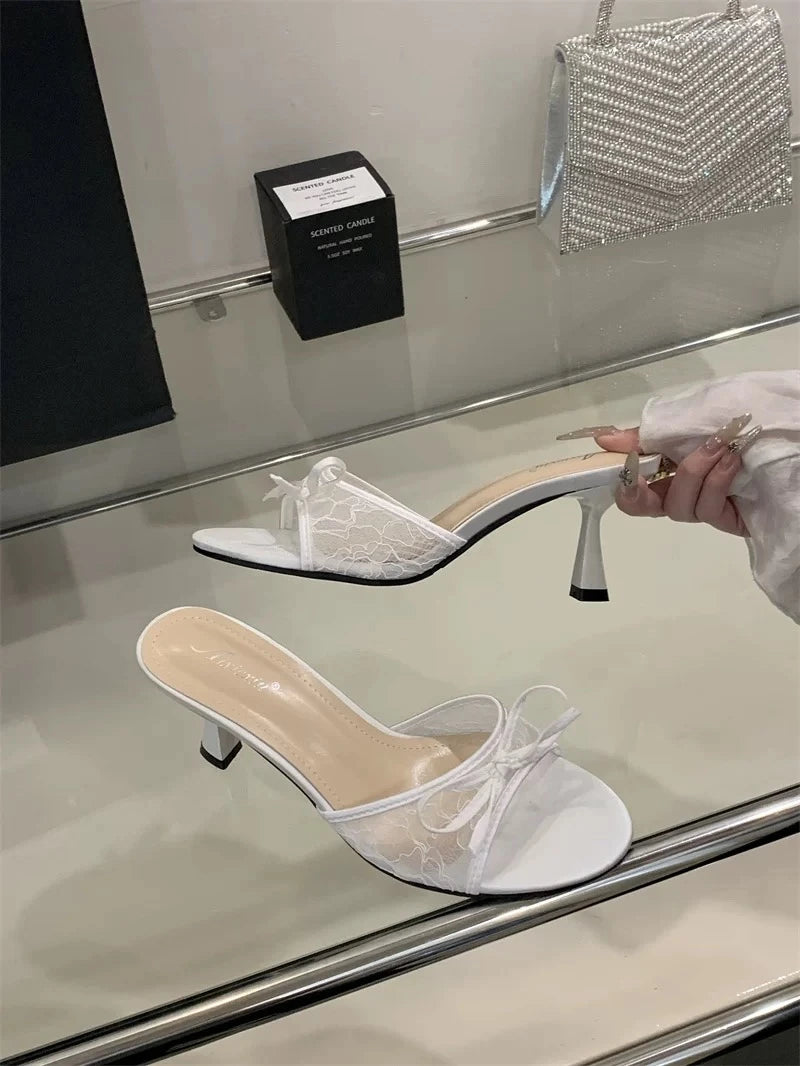 Sexy Style Bow Flat Sandals for Women 2026 Summer New Thin High Heel Open Toe Elegant Versatile Slippers