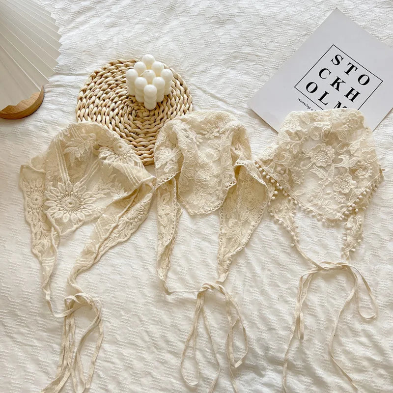 2025 New Style Lace Triangular Binder Headscarf Beige French Farm Style Girl Korean Style Ins Style Lace-up Hair Band Toe Cap