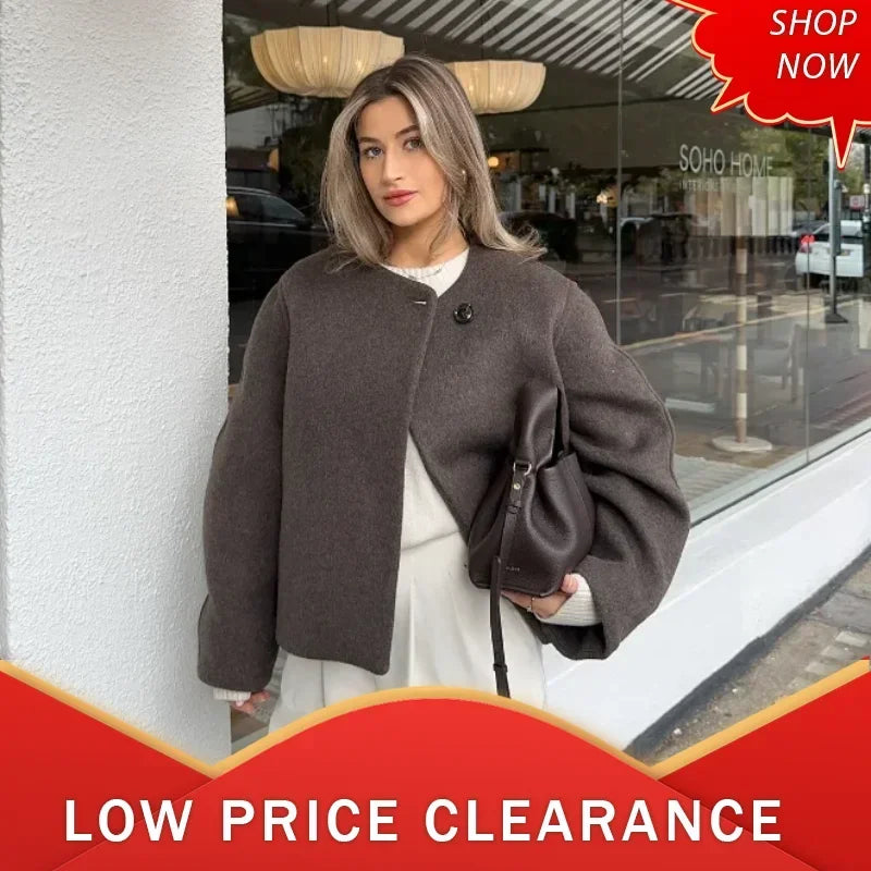 Fashion Women Solid Round Neck Woolen Short Coat Elegant Full Sleeve One Button Loose Women's Jacket 2024 Fall Winter Daily Wear
