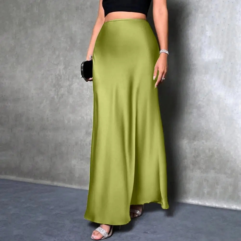 Women Fishtail Skirt Elegant High Waist Flattering Silhouette Satin Skirt Solid Color Smooth Surface A-Line Maxi Skirt